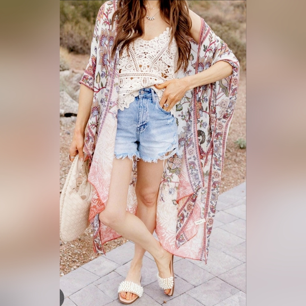 Knox Rose 100% Rayon Floral Kimono Cover-Up Oversized Pink/White XXL
